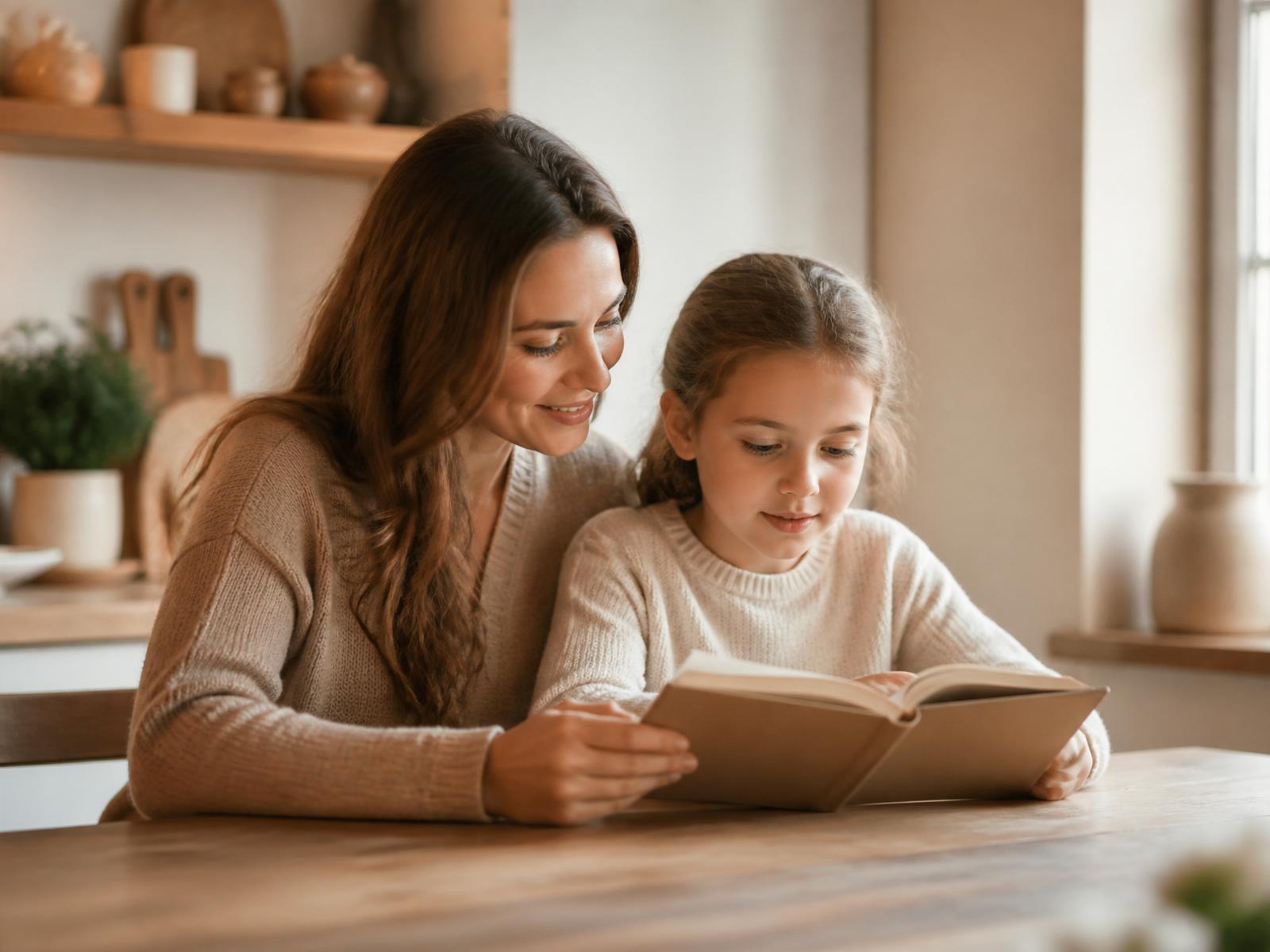 A mother and her young child reading a book together at a warm, sunlit kitchen table.